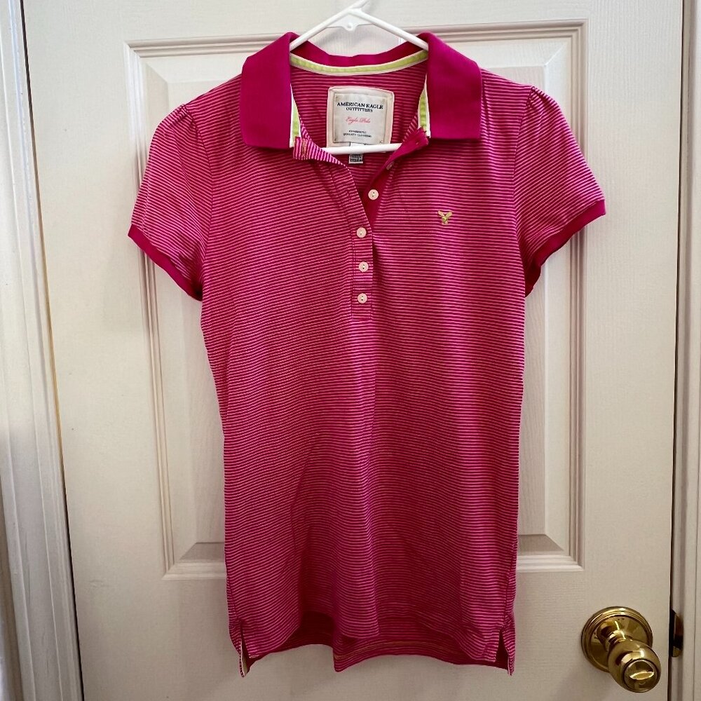 American Eagle Outfitters Pink Striped Polo Size M